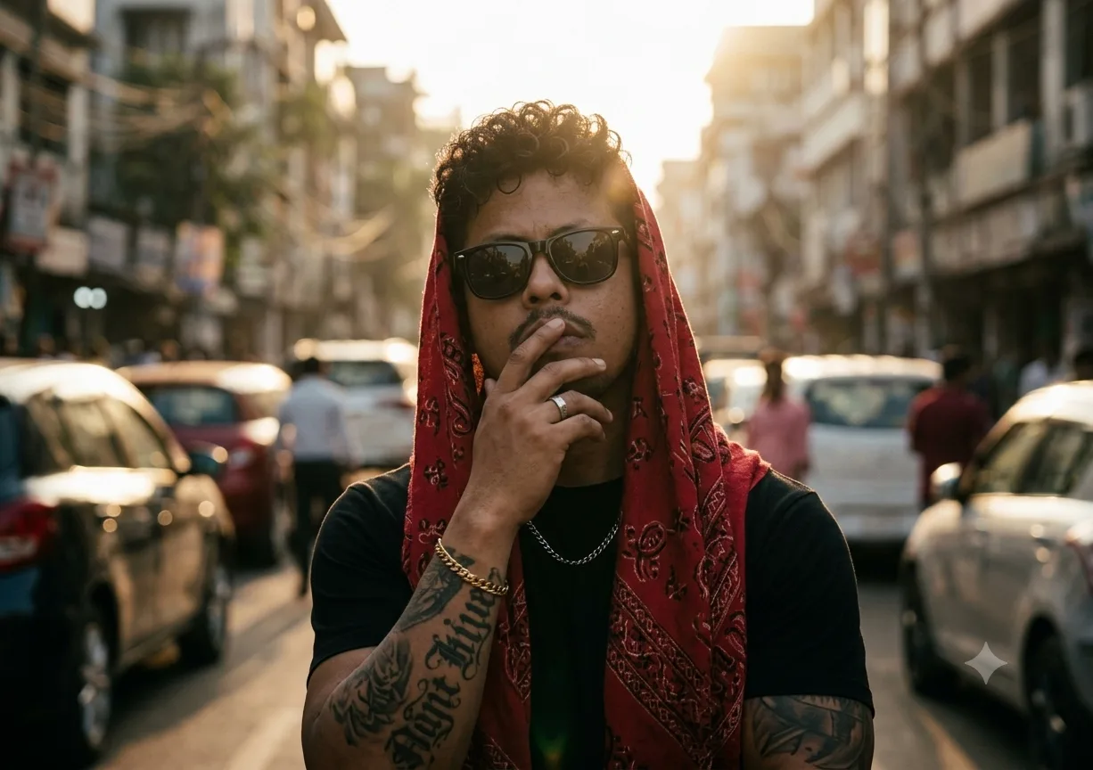 Use this image as a reference to create a realistic, cinematic, street-style portrait of a young man with curly hair, wearing black