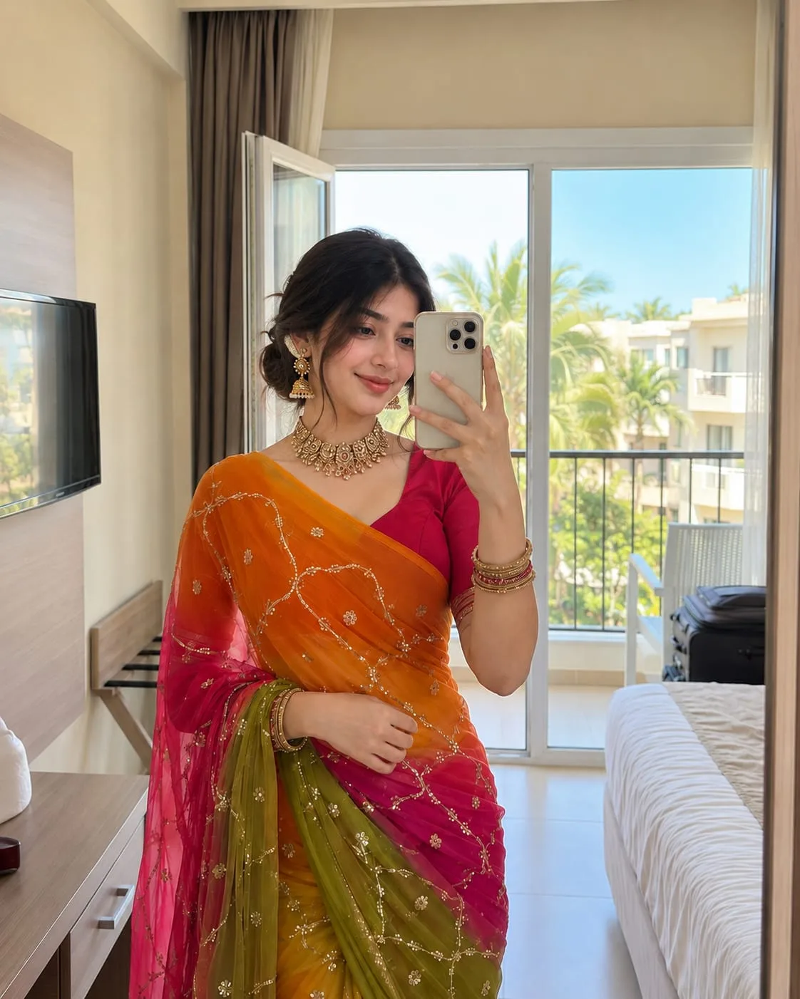 Create an ultra-realistic, high-detail vertical mirror selfie photograph (4:5) of the same young adult South Asian woman from the uploaded