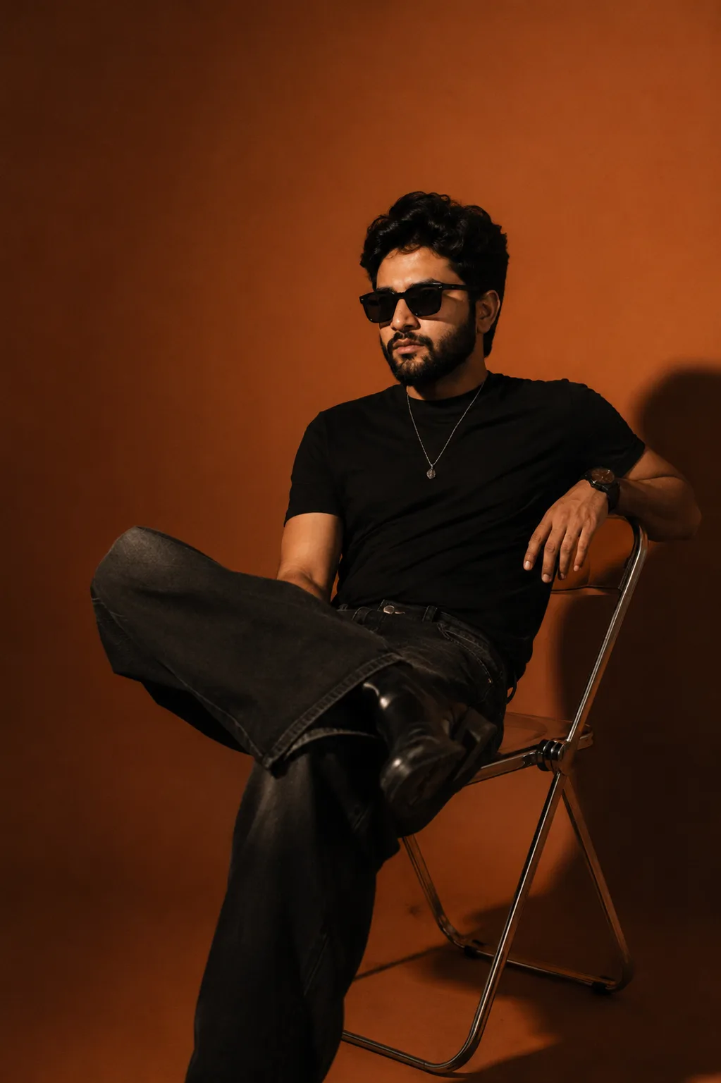 Use model (the person in the image) you create a dark orange studio photo featuring a young man sitting casually on a metal folding chair