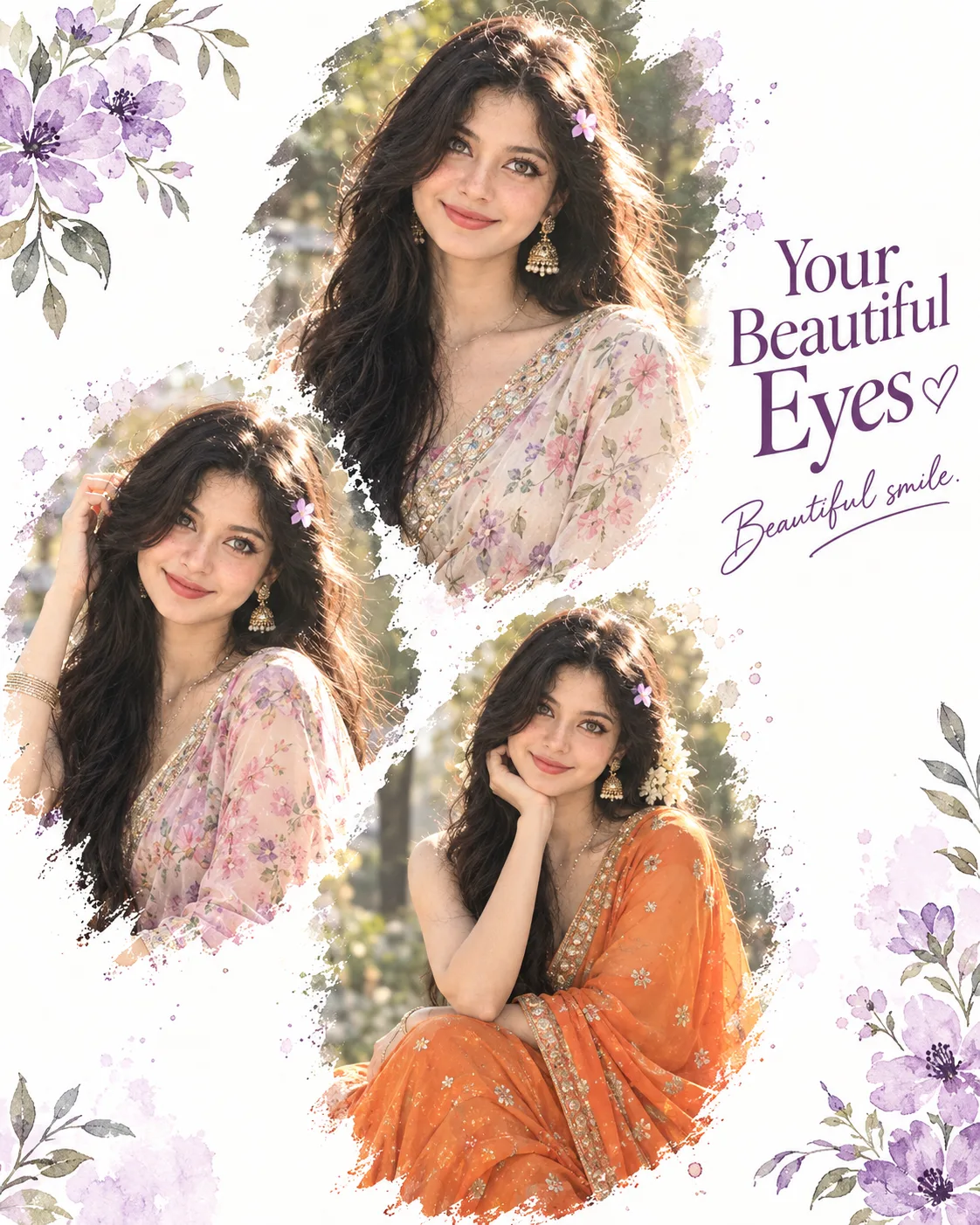 Use the uploaded image as the exact face reference and create a premium elegant Indian collage poster on a clean white background.
