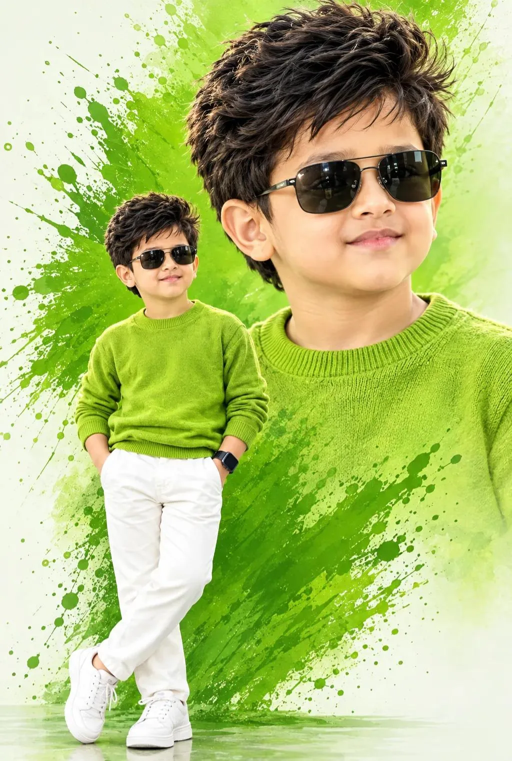 Same uploaded-reference 6-year-old Indian boy, strict face preservation, cute round face, thick textured black hair, black sunglasses,