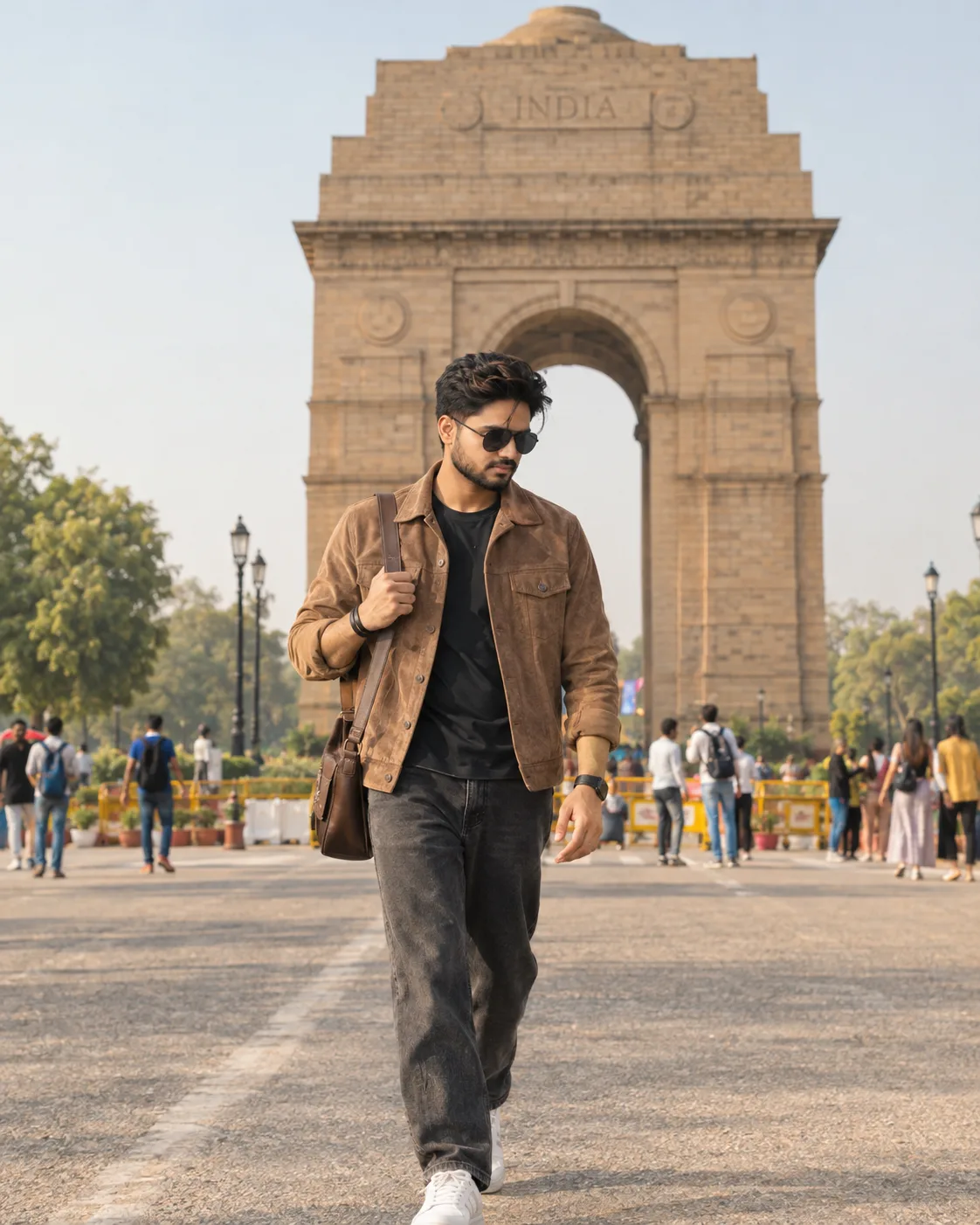 Create a highly realistic, ultra-detailed cinematic travel photograph of a young Indian man casually walking in front of the iconic India