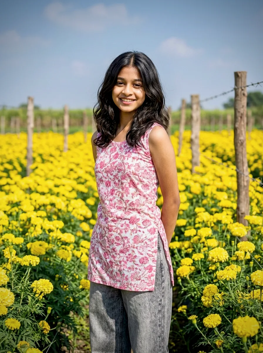 A photorealistic medium-shot portrait capturing the exact face, identity, warm smile, and natural South Asian skin tone of the woman from