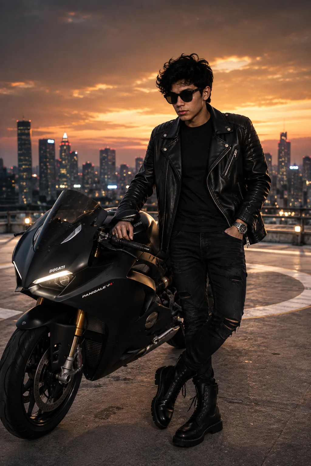 Full-body editorial fashion photo, male model wearing oversized matte black leather biker jacket with silver zippers and quilted shoulders,