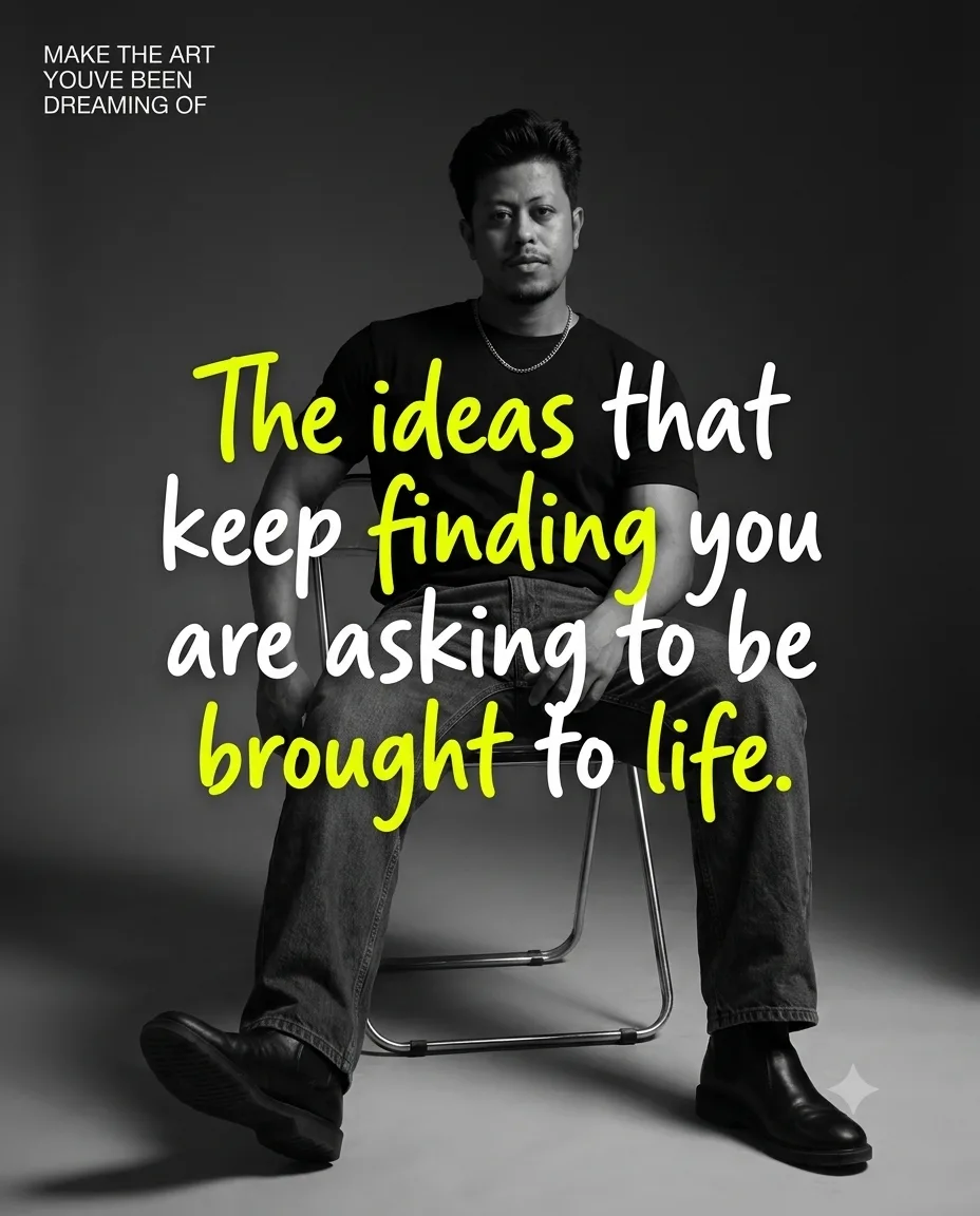 Minimalist black-and-white editorial studio poster of a stylish young man seated casually on a simple metal folding chair, one leg extended