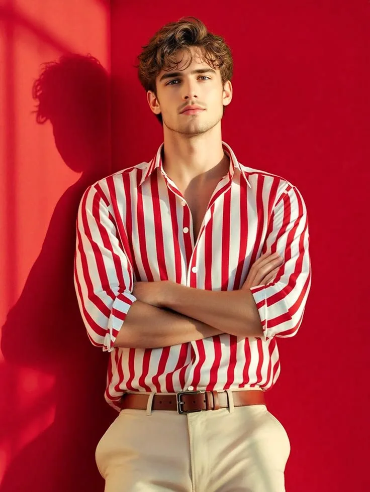 A portrait of a man standing against a vibrant red wall with sharp directional shadows.