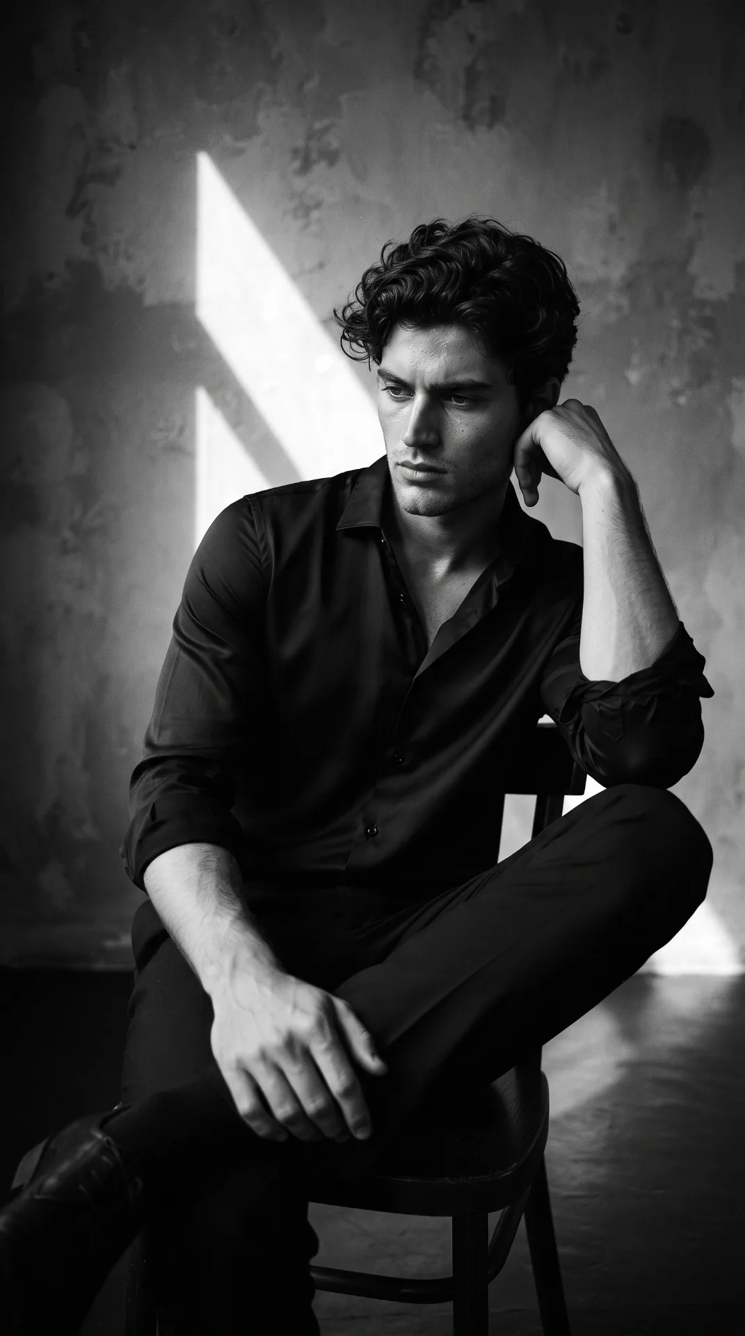 Ultra-realistic cinematic black-and-white editorial portrait, young man with thick wavy textured hair, wearing a slightly unbuttoned black