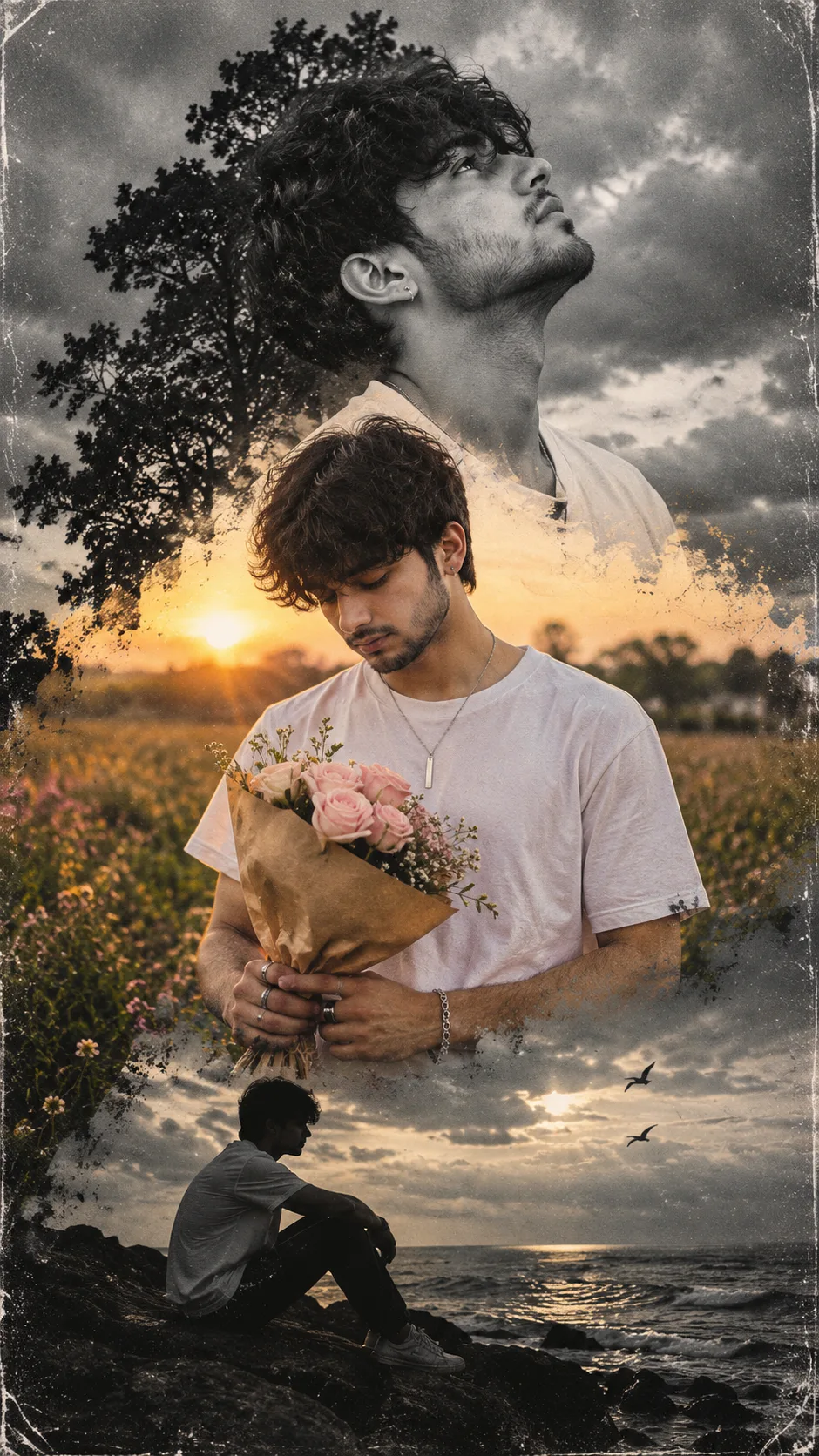 A surreal triple exposure portrait collage of the same young man with voluminous dark curly hair, light stubble beard, black earring, white
