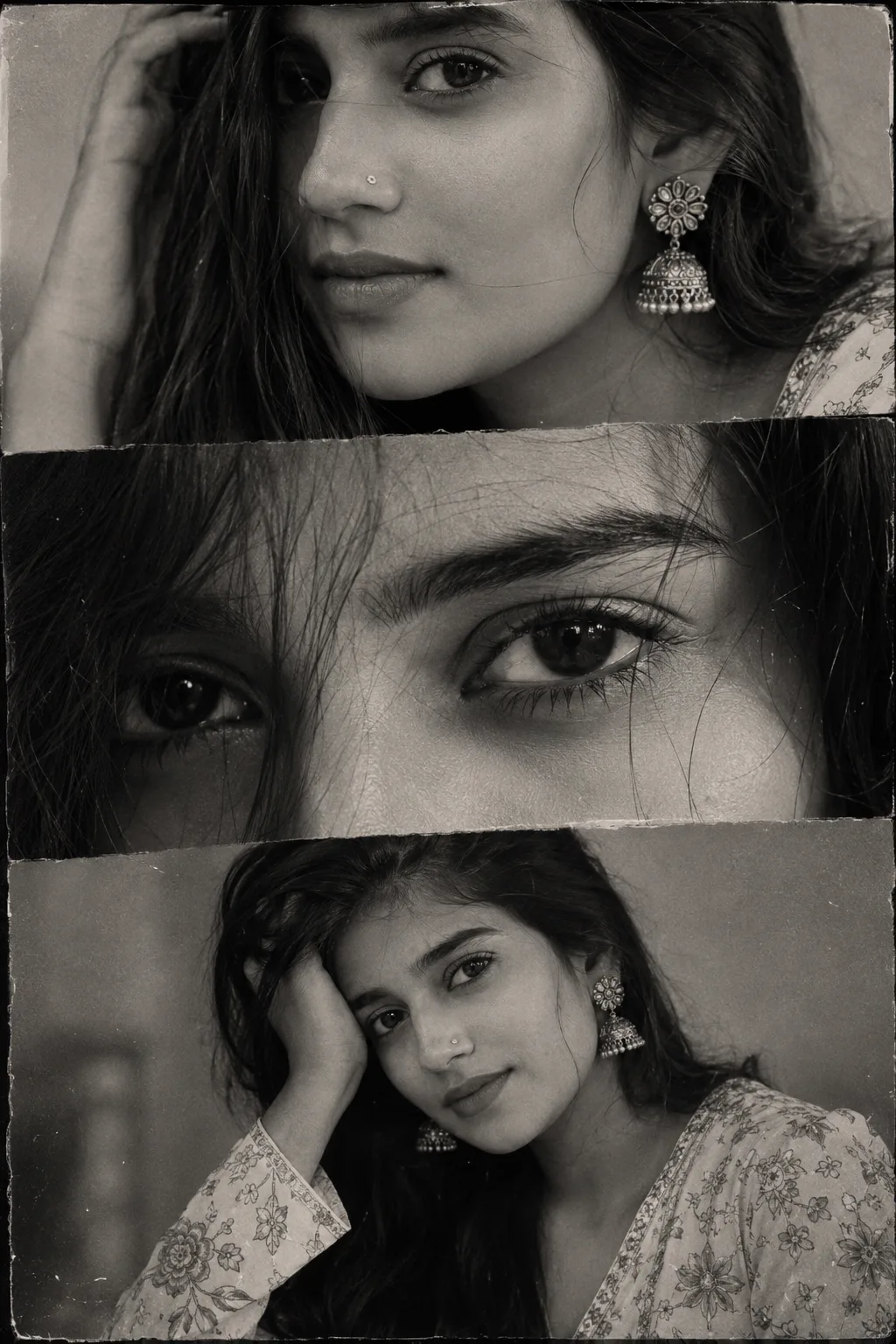 Create a highly realistic, artistic black-and-white editorial portrait collage inspired by the reference image.
