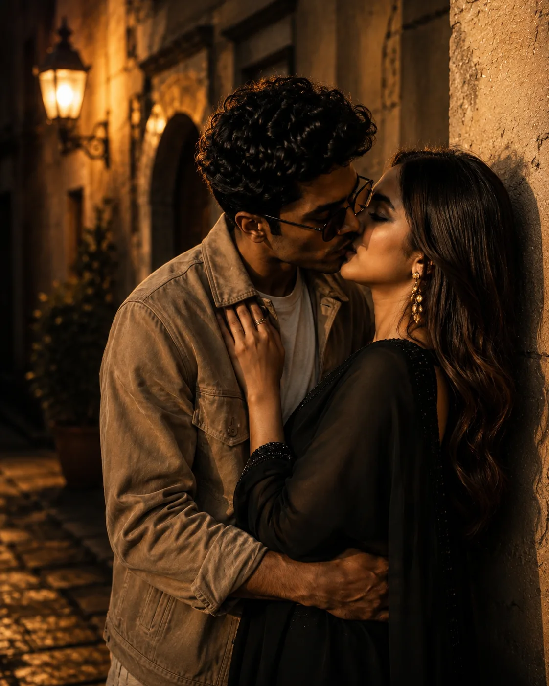 Create a photorealistic cinematic romantic portrait of a young South Asian couple sharing a gentle, consensual kiss in a narrow vintage