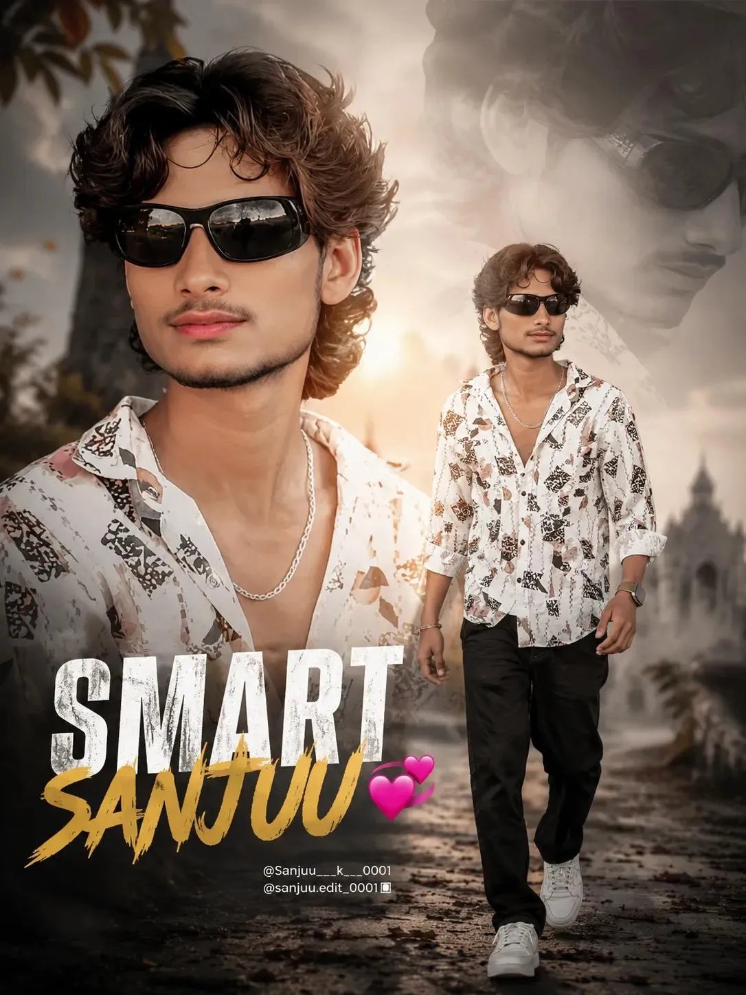 Use tex 👇👇👇 "Create a high-quality cinematic collage poster of a teenage boy with stylish curly hair and black outfit, inspired by