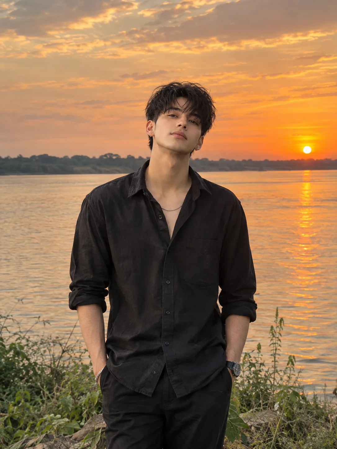 Ultra realistic photograph of a stylish young Indian man standing naturally beside a calm riverside during a beautiful warm sunset, shot on