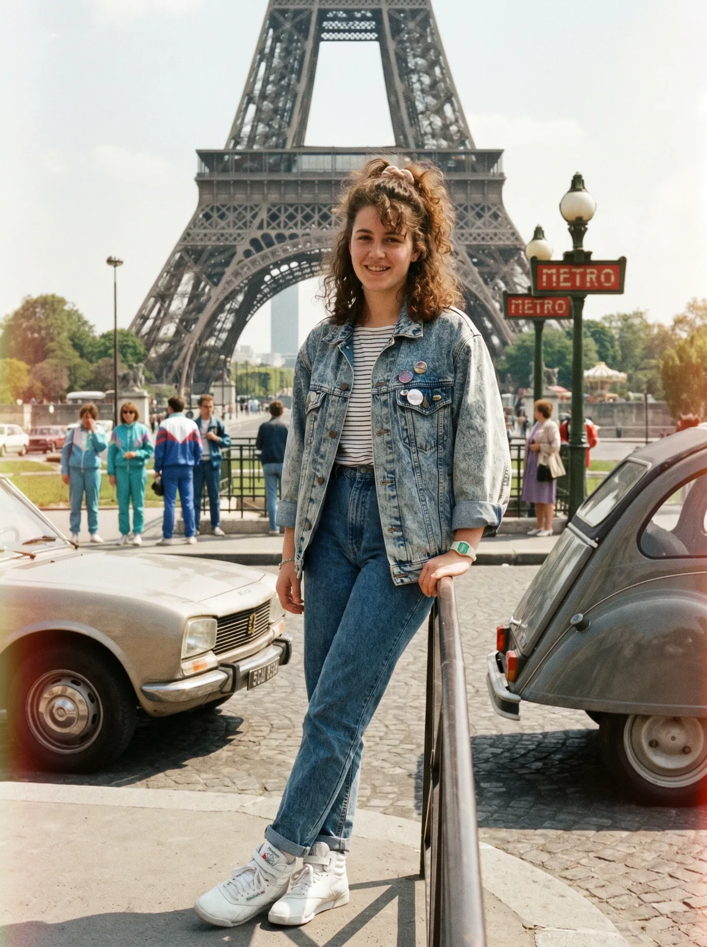 Transform the provided photo into a highly realistic scene set in the 1980s in front of the Eiffel Tower in Paris.Preserve the person's
