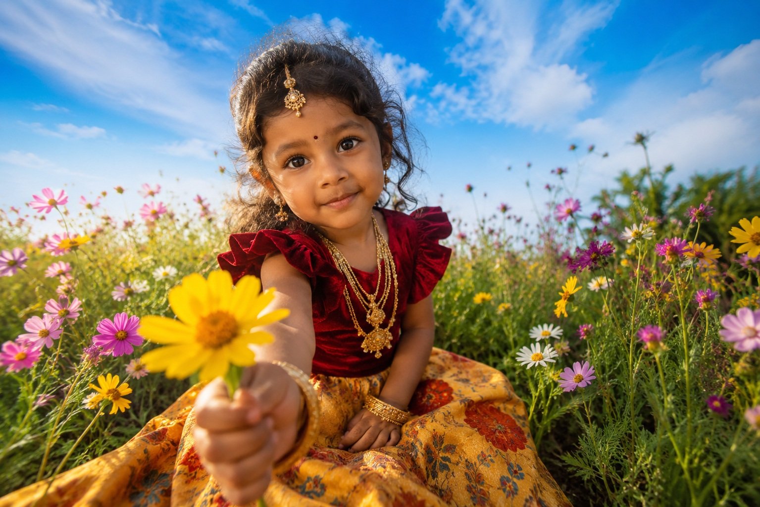 Ultra-realistic cinematic portrait of an adorable 3-year-old Indian little girl with expressive brown eyes, soft curly black hair tied into