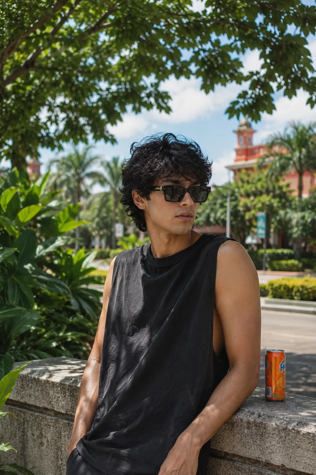 Create an ultra-photorealistic, high-end summer fashion editorial portrait of a young male standing outdoors in a lush tropical urban