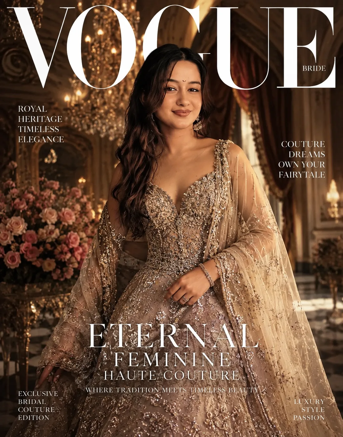 Luxury haute couture bridal fashion campaign inspired by elite Vogue, Dior, Sabyasachi, Elie Saab, and high-end editorial advertising —