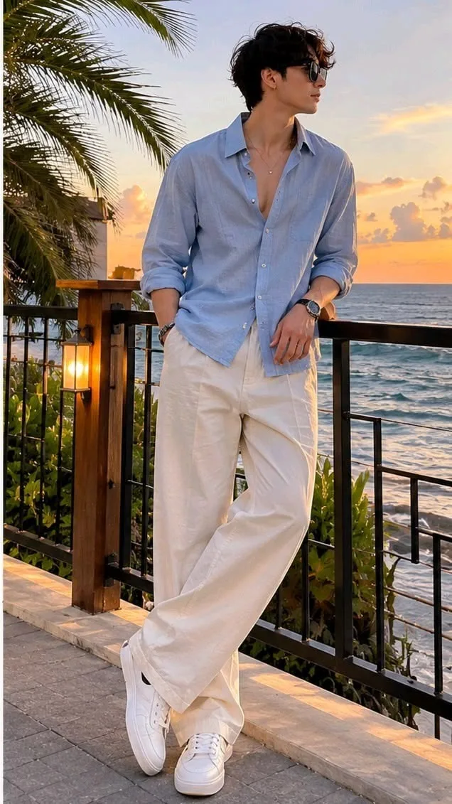 A full-body fashion portrait of a handsome young man with dark messy hair and sunglasses, leaning against a wooden and iron railing at a