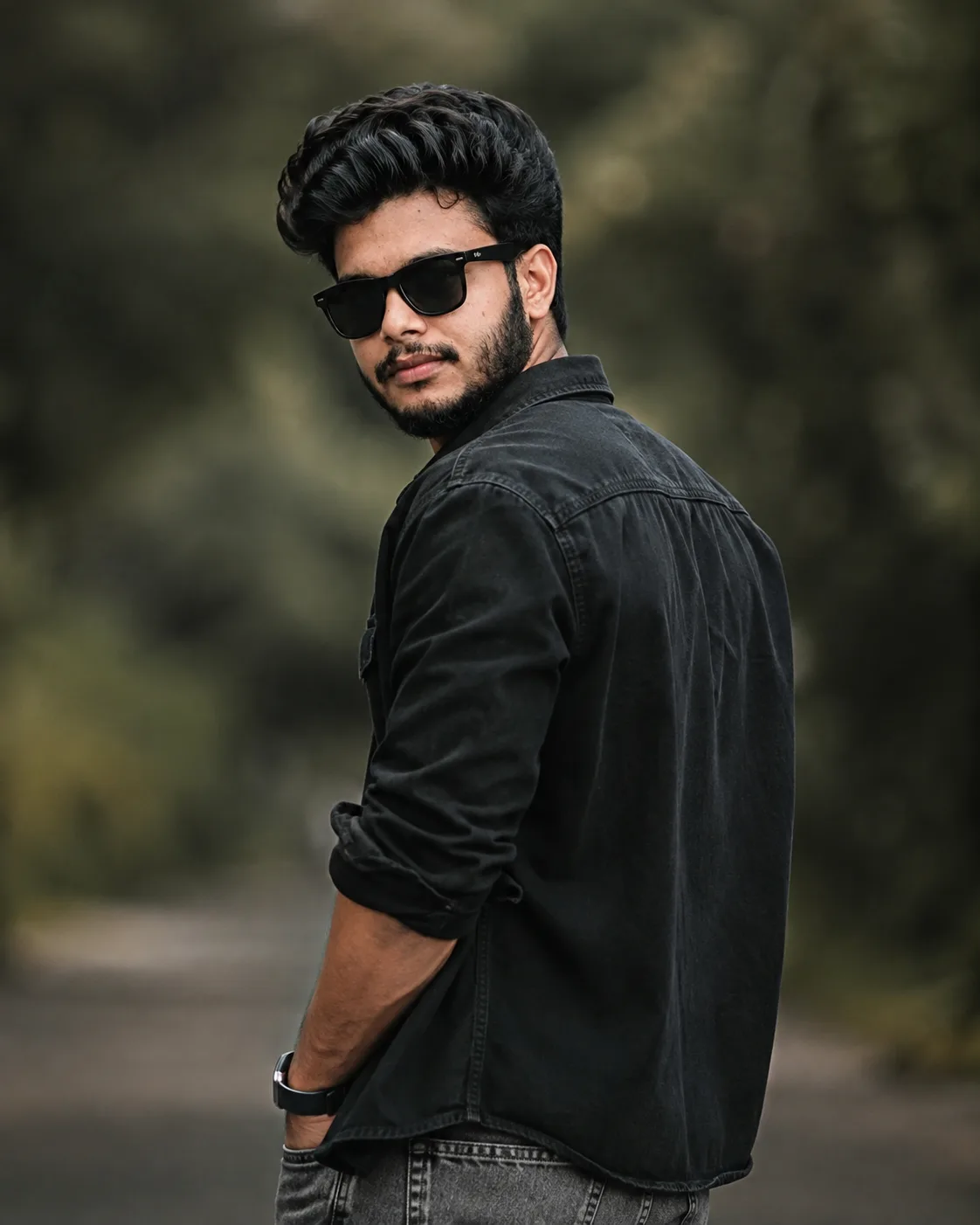 MODERN PORTRAIT OF A YOUNG MAN 28 YEARS OLD WITH SAME REFFERENCE FACE MESSY FRINGE HAIR, LOOK A BEHIND WEARING A DANIM BLACK SHIRT WITH