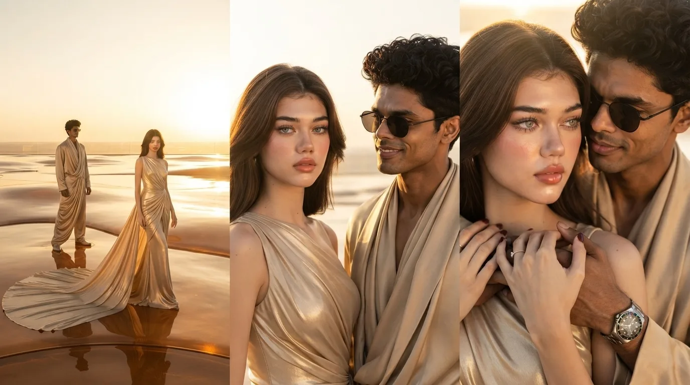 A three-panel high-fashion editorial spread set in a glowing sunset desert-glass luxury studio, with warm amber light, reflective