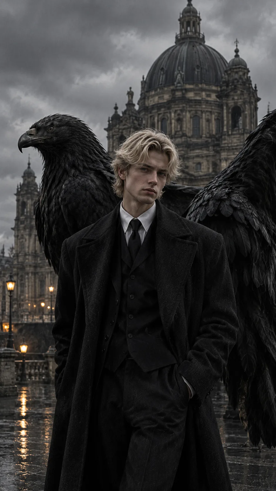 **Ultra-realistic cinematic dark-academia fashion portrait of a handsome young adult man standing in front of a grand historic European