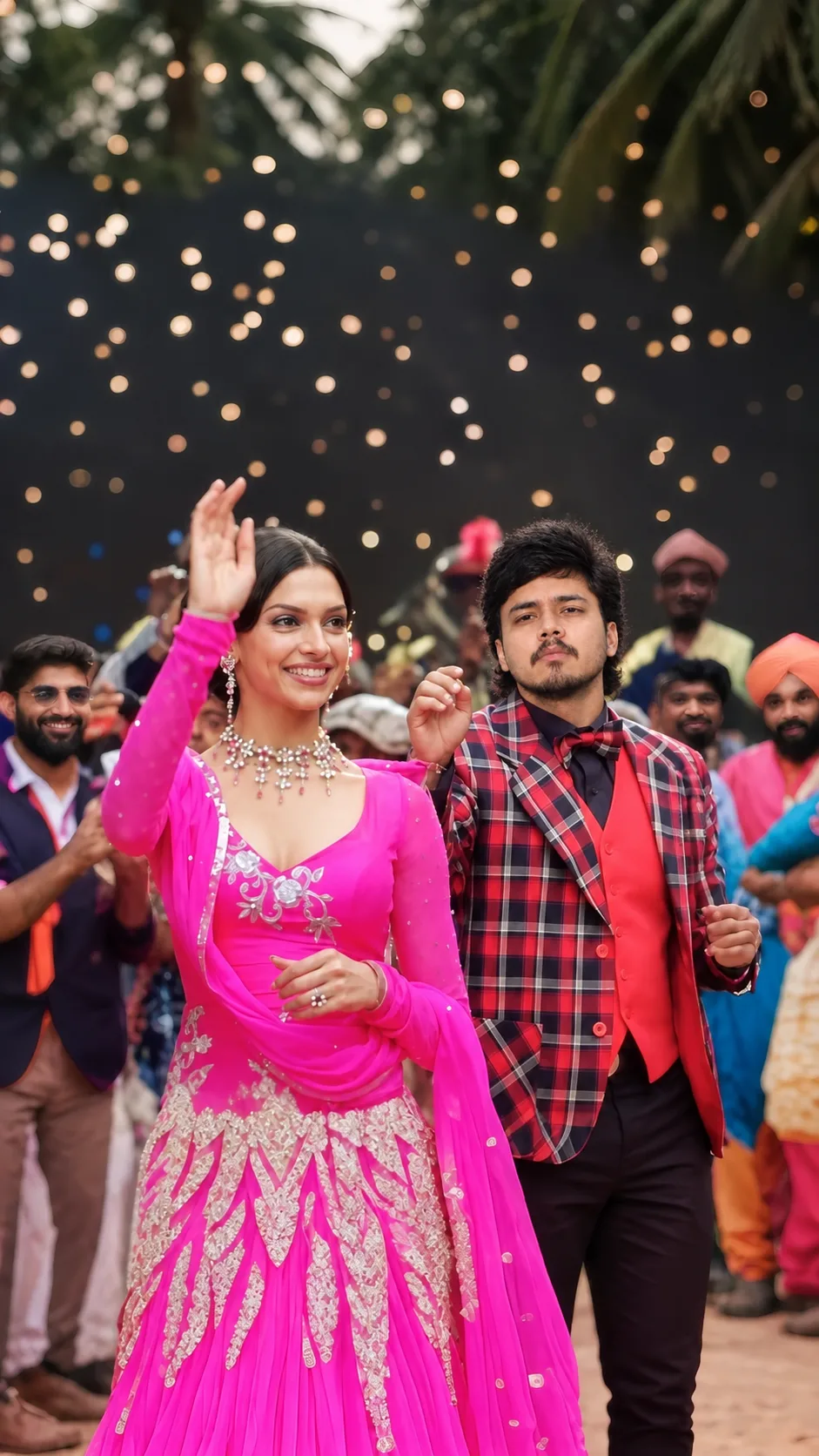 Create a highly realistic, cinematic vertical portrait of a joyful South Asian wedding celebration.