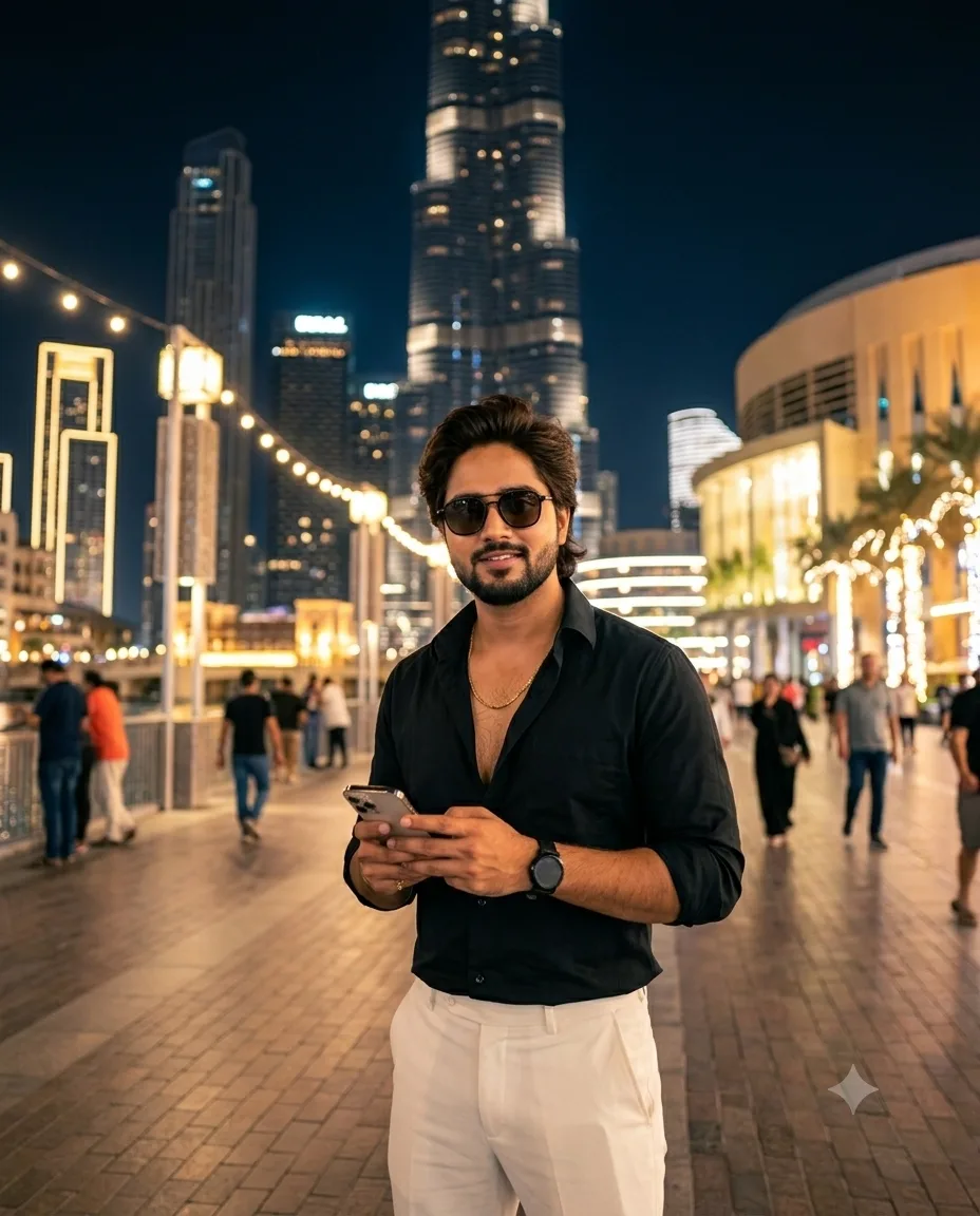 Prompt⚡ Vishnu **Prompt:** "A high-quality photo of a stylish young South Asian man with curly hair and a beard, wearing sunglasses, an