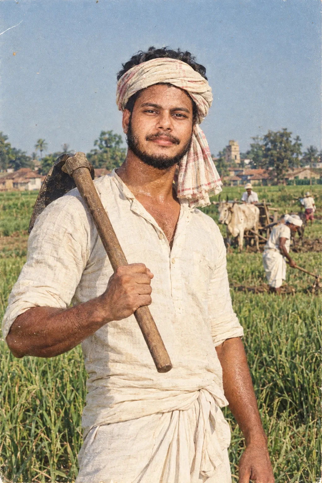 A realistic photograph of a strong, muscular Indian farmer from the 1980s, standing in a lush green field during a sunny day.