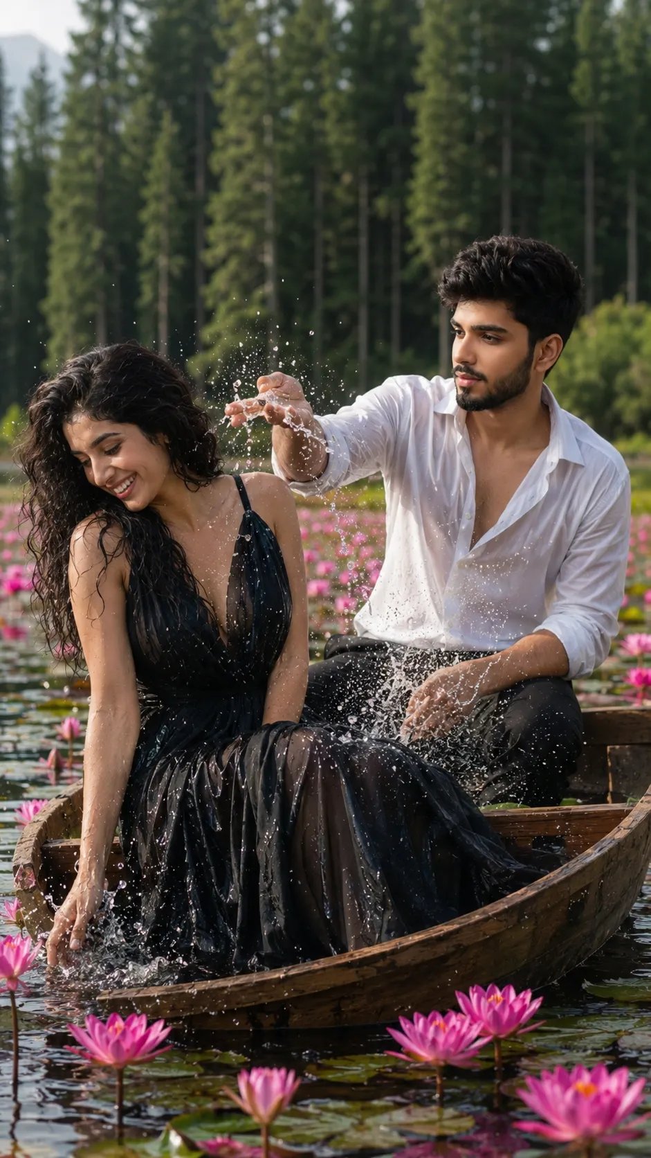 Prompt: A realistic DSLR photo of a beautiful couple on a small wooden rowboat floating on a serene pond covered in pink water lilies.
