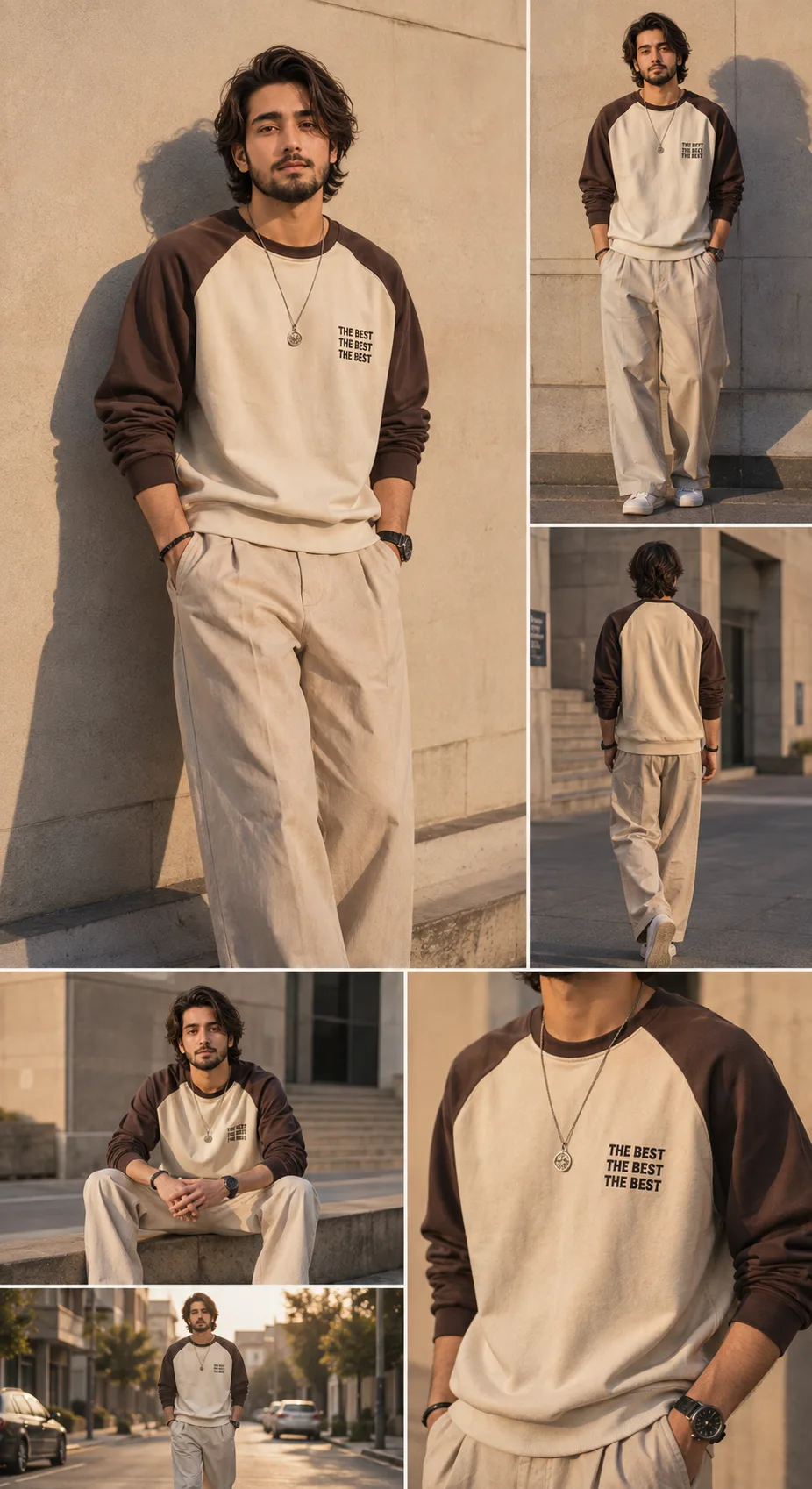 A highly realistic editorial fashion photography collage featuring the same stylish young adult man in multiple poses, wearing a relaxed