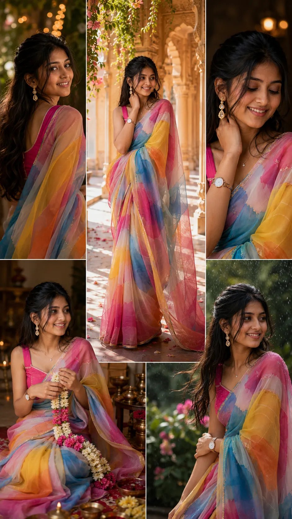 A stunning Indian bridal portrait collage featuring the same young woman in five elegant poses: center full-body portrait, side-profile on