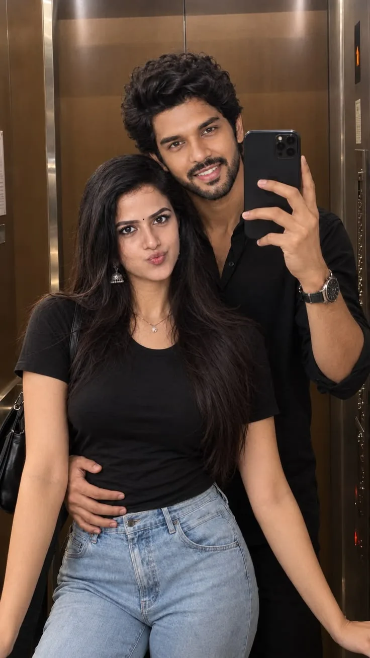 A photorealistic vertical medium shot capturing a candid mirror selfie of the young South Asian couple inside an elevator, faithfully
