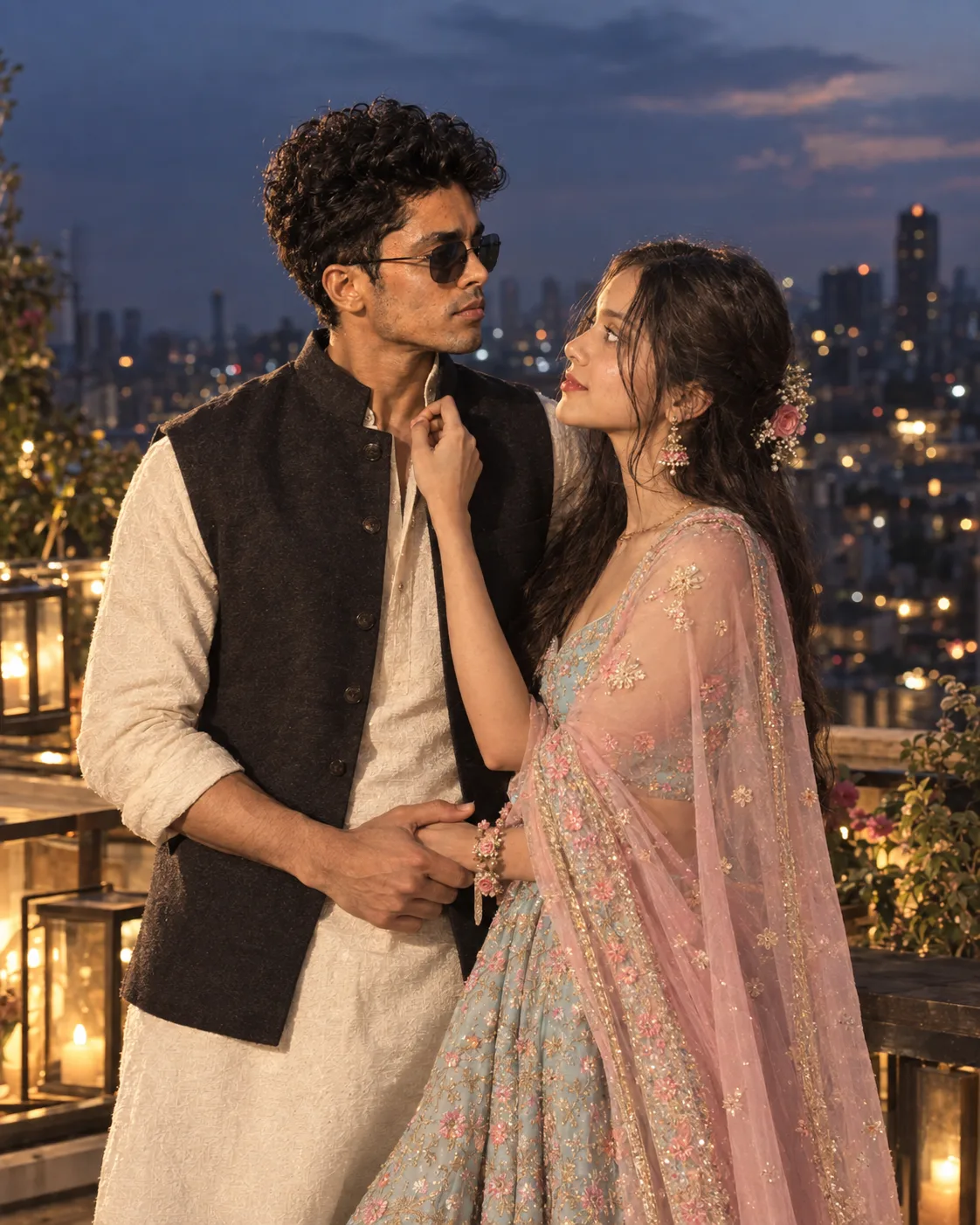 Prompt: > Ultra-realistic cinematic romantic portrait of a young South Asian couple standing together on a luxury rooftop terrace at blue
