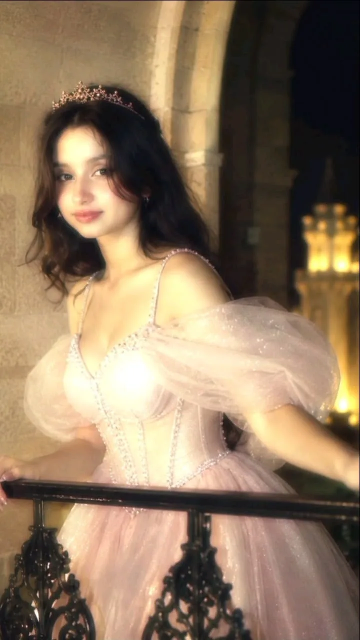 Create an ultra-realistic cinematic vertical portrait of a young woman standing elegantly on a grand castle balcony, wearing a dreamy soft