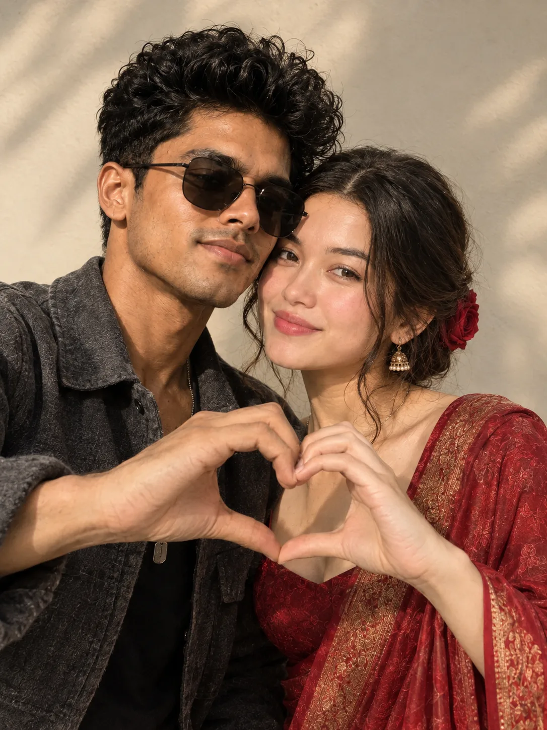 Create a romantic couple selfie where both people form a heart shape with their hands.
