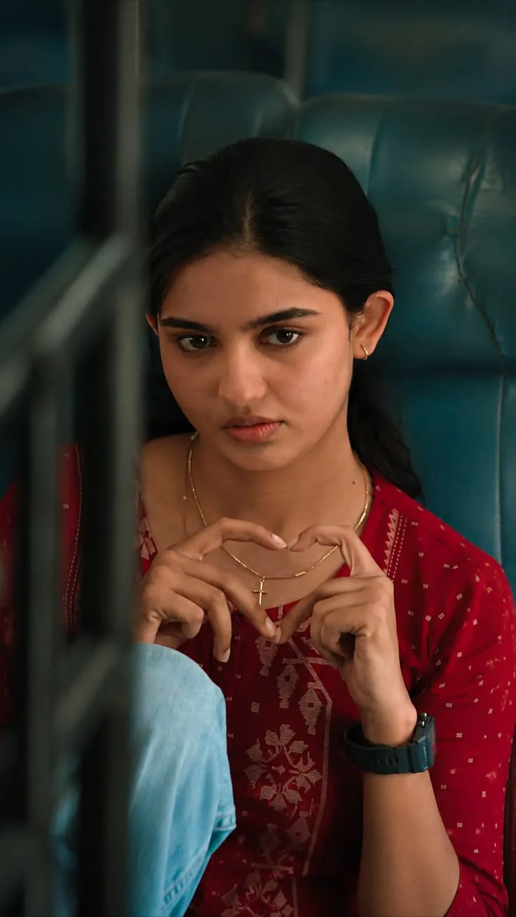 Create a highly realistic cinematic portrait of a young South Asian woman sitting inside an old public bus.