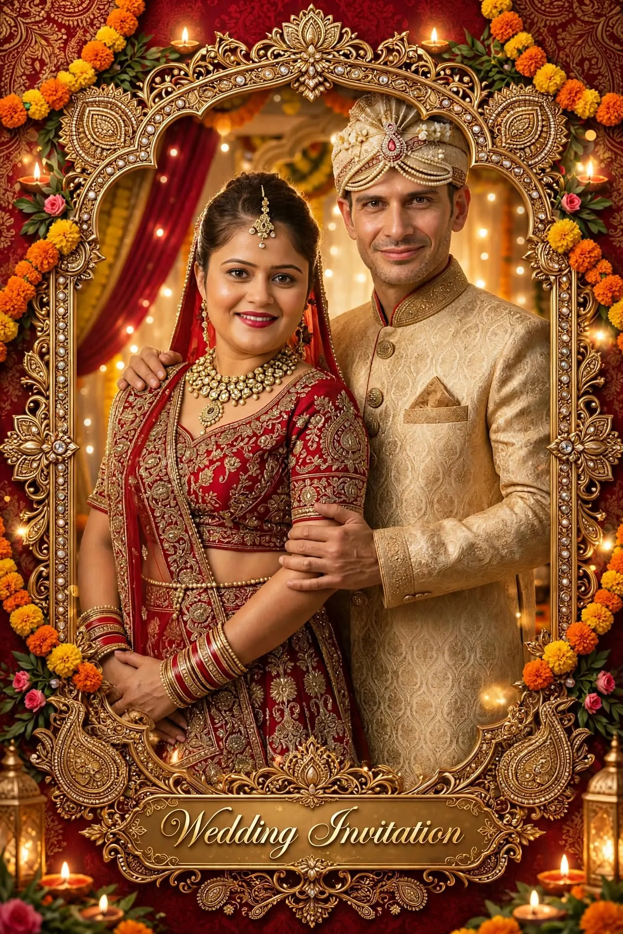 Luxurious Indian wedding invitation frame design, same couple identity from reference photo preserved, bride in red gold lehenga, groom in