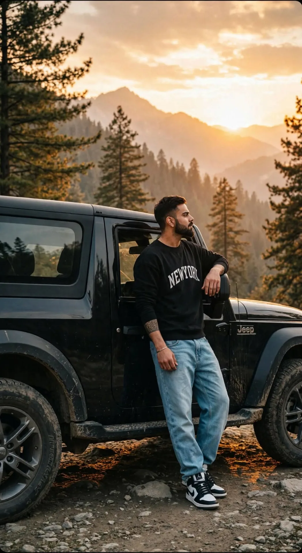 Photorealistic full-body portrait of a young Indian man with short hair and beard, wearing a black "NEW YORK" polo sweatshirt, light blue