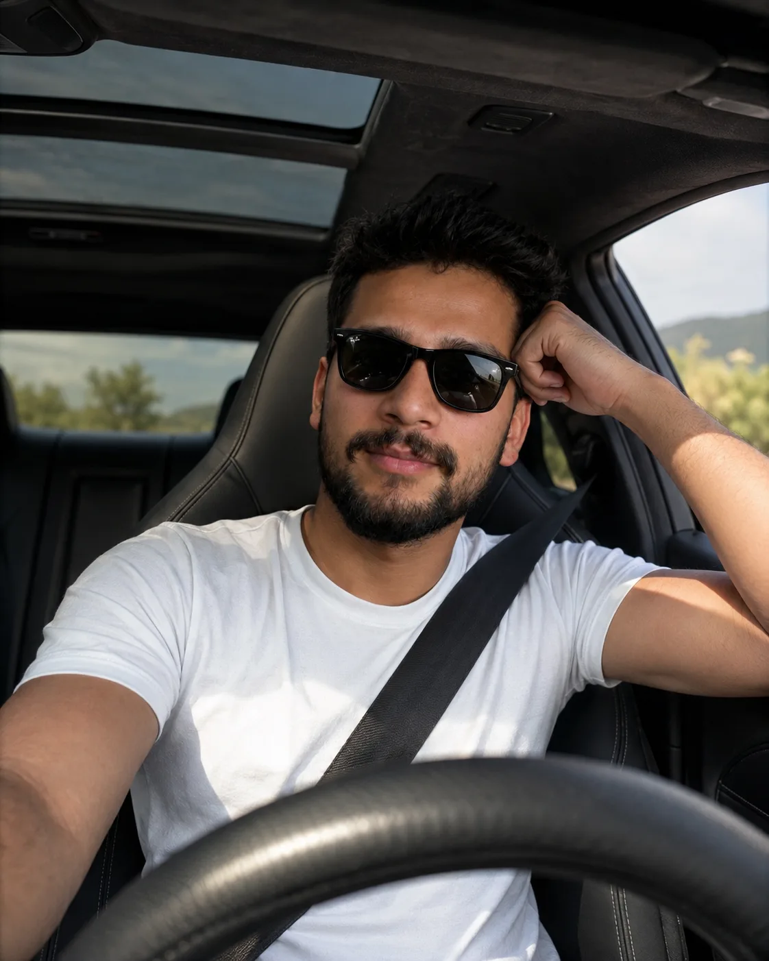 I am sitting in the driver's seat of a modern luxury performance sports car, wearing the seatbelt fastened naturally across my chest.