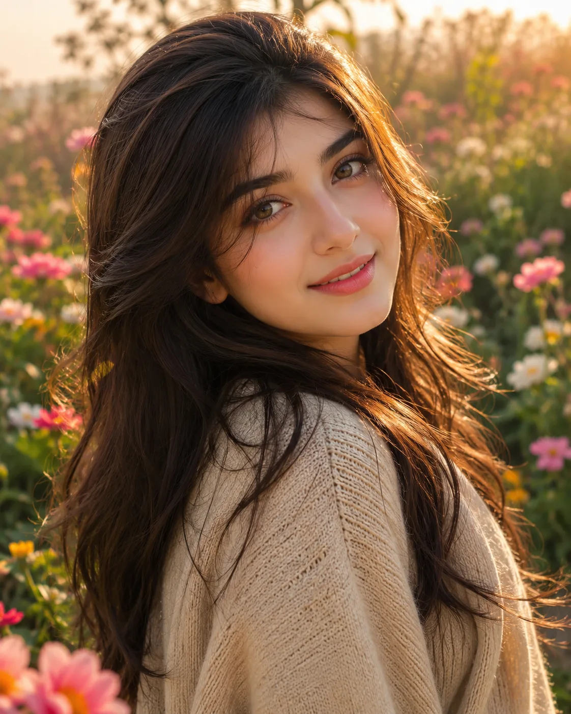 A young woman turns over her shoulder toward the camera in a blooming garden, her gentle smile and direct gaze framed by long, softly