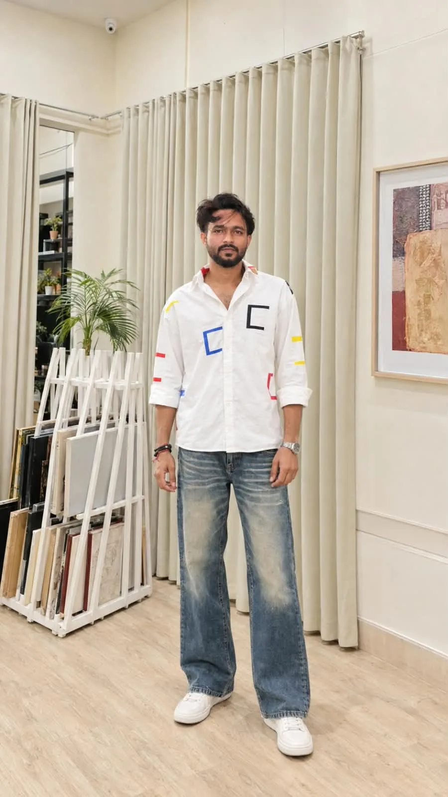 Bilkul — is reference ke pose, indoor gallery setting, outfit, framing aur overall aesthetic ko recreate karne ke liye prompt: Create an
