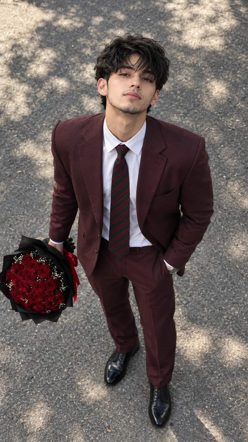 Create a highly photorealistic, high-angle full-body portrait of a handsome young South Asian man (early 20s) standing outdoors.