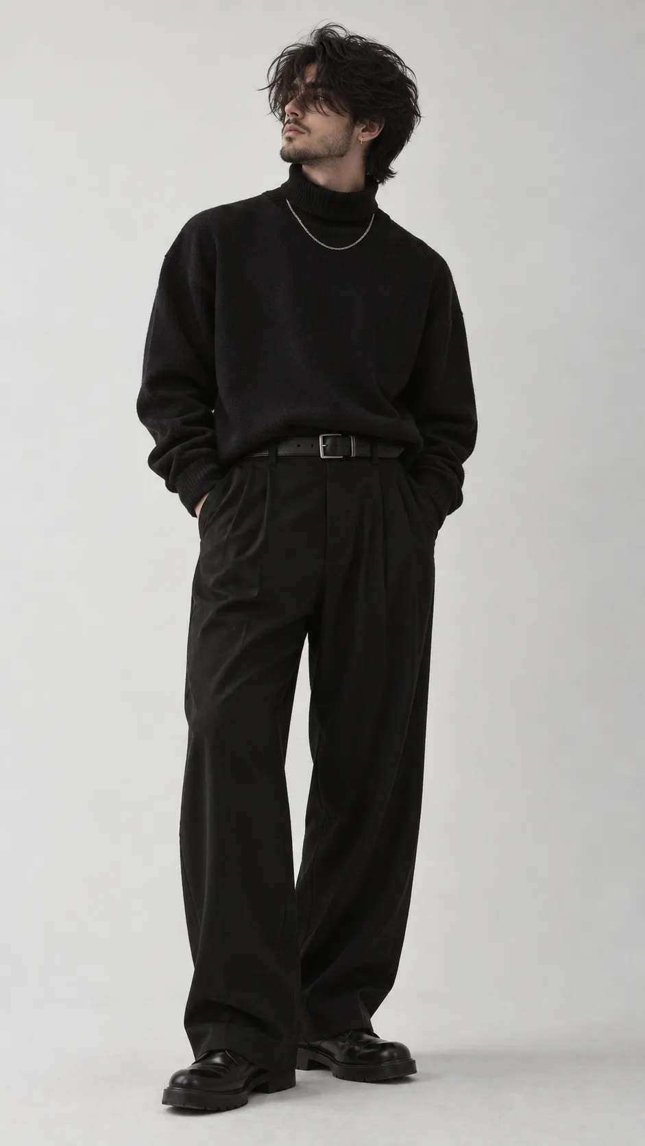 **Ultra-realistic editorial fashion portrait of a handsome young adult man standing against a minimalist light gray/white studio