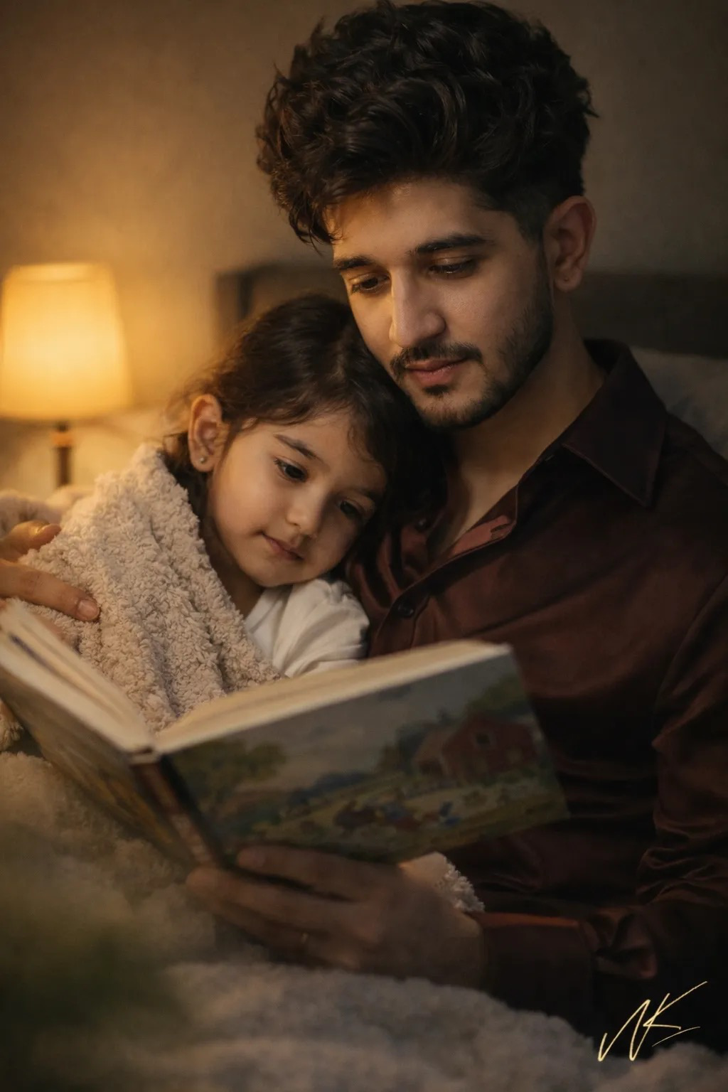 Edit the reference photo into a cozy nighttime bedtime scene while keeping the father’s face 100% exactly the same.