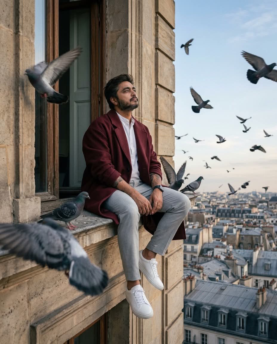 Photorealistic cinematic 4:5 portrait of a young man sitting on the exterior stone ledge just outside a tall apartment window, overlooking