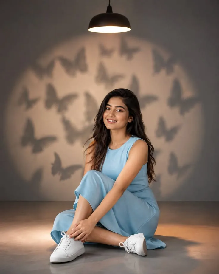 A photorealistic vertical portrait of the young Indian woman with her exact facial identity, curly dark hair, and natural smile from the
