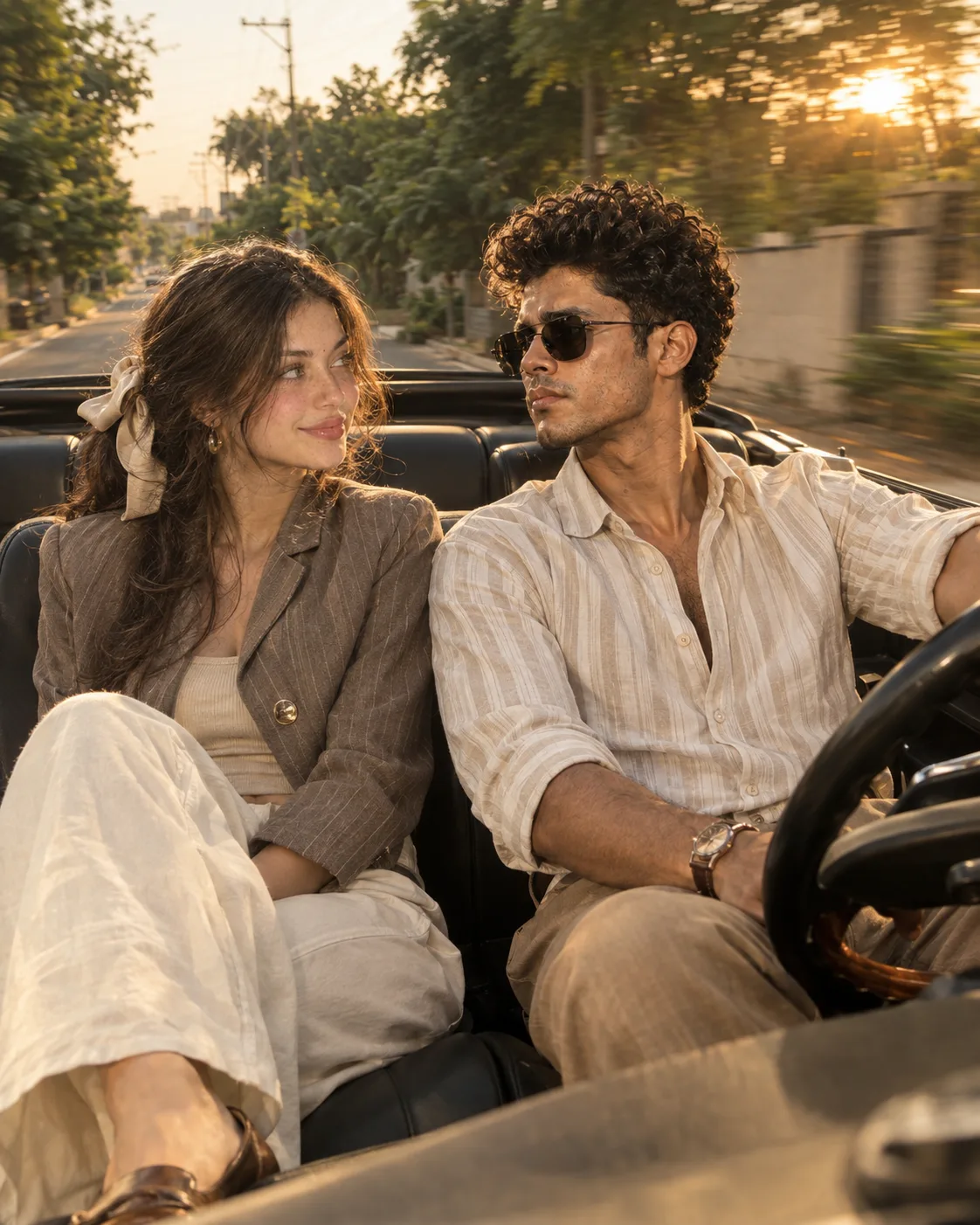 Create a cinematic, ultra-realistic lifestyle portrait of a couple enjoying a relaxed drive in a classic open-top convertible during golden