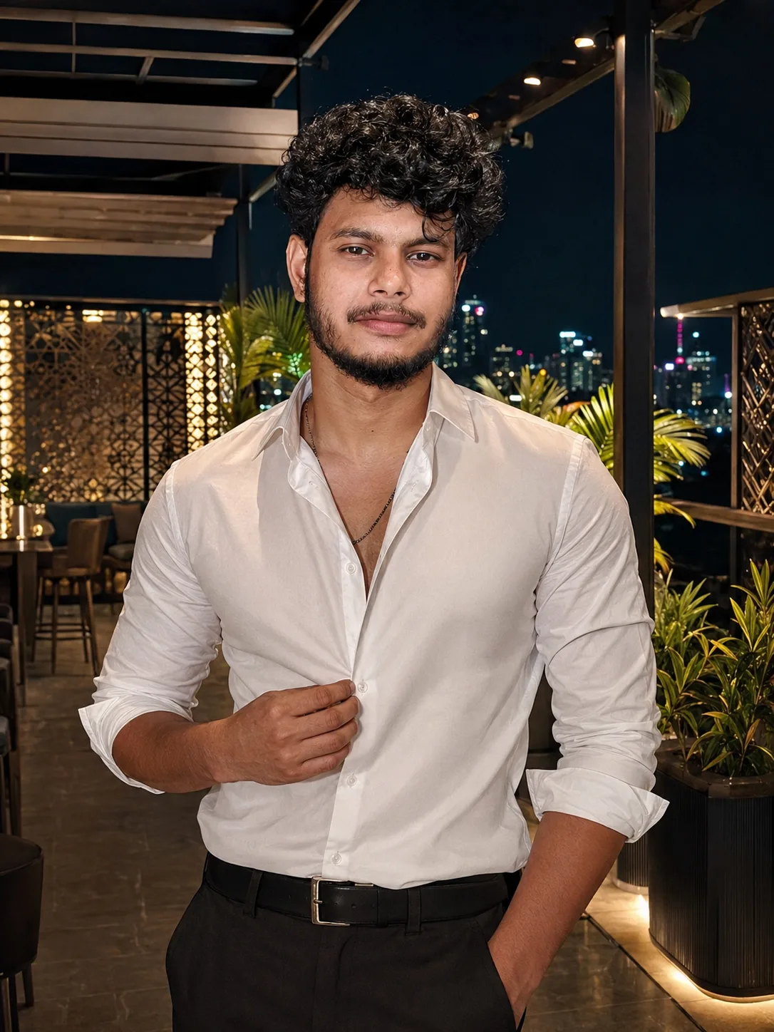 A strikingly handsome young male fashion model standing confidently on an exclusive luxury rooftop lounge during a warm metropolitan night.