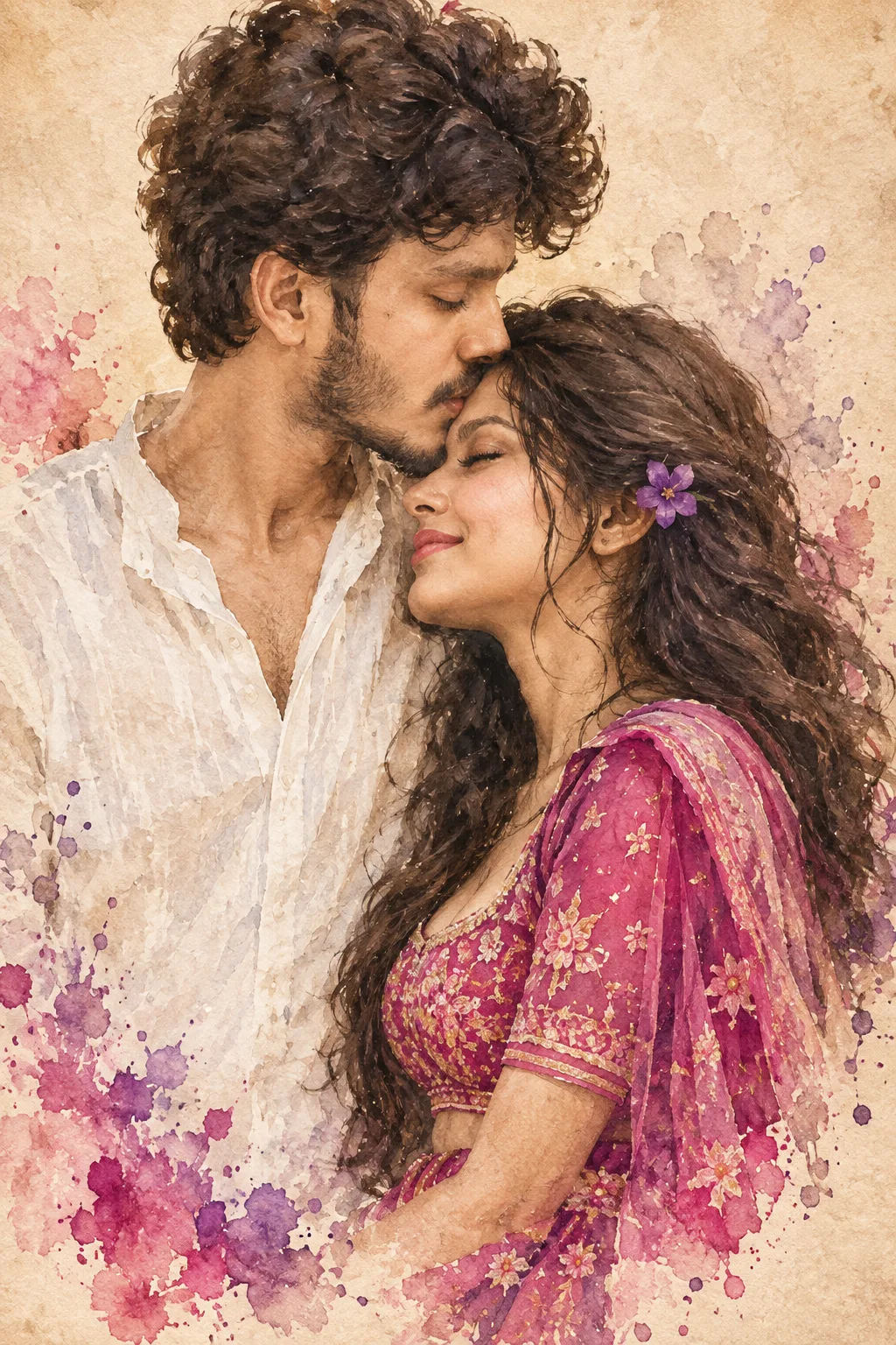 A beautiful watercolor painting of a romantic couple.