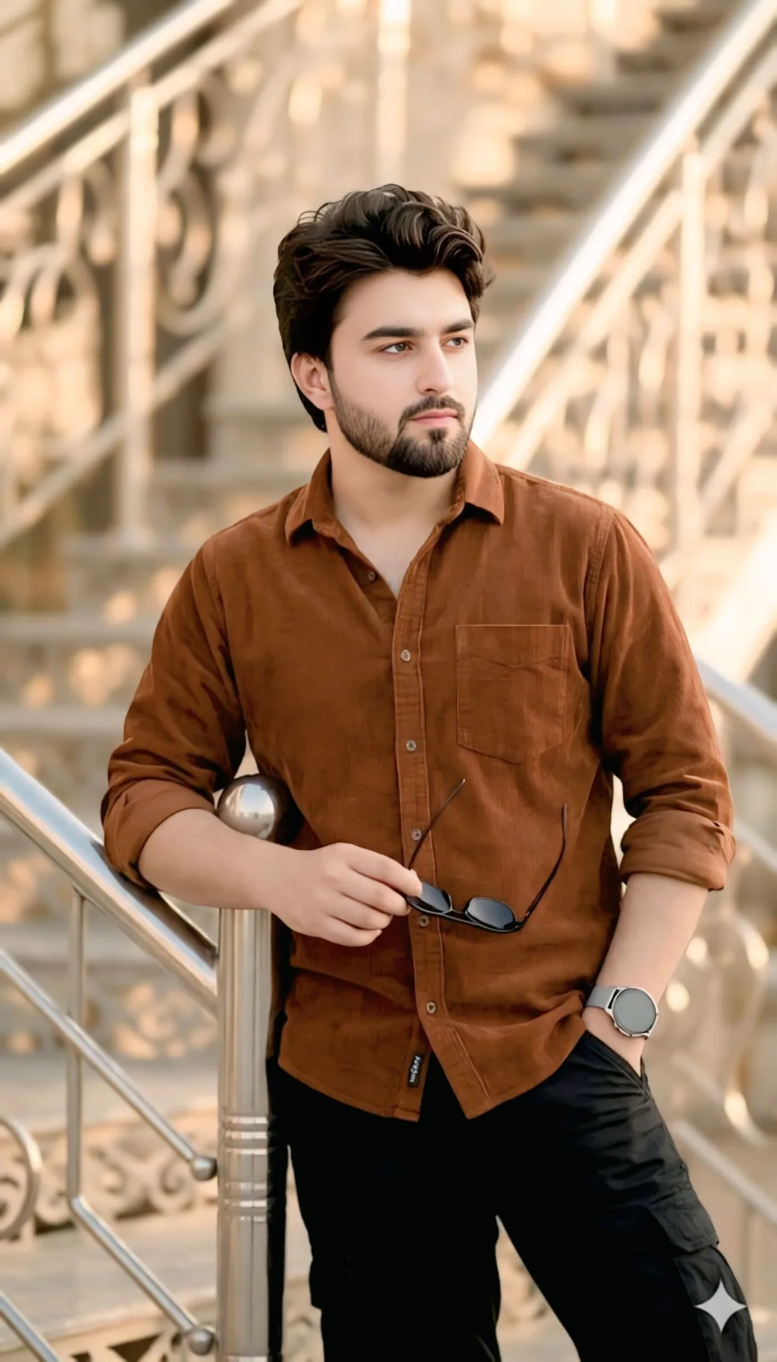 A high-quality medium shot of a handsome South Asian young man with voluminous wavy dark hair and a neatly trimmed beard.
