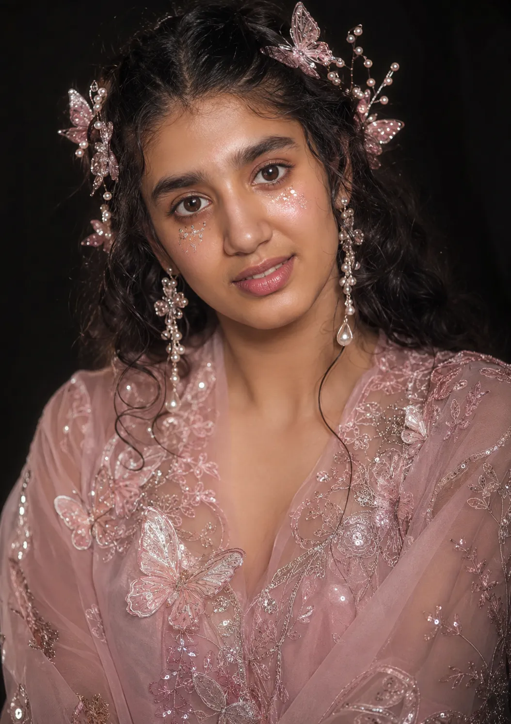 Photorealistic close-up portrait of a South Asian woman with an ethereal fairy aesthetic.